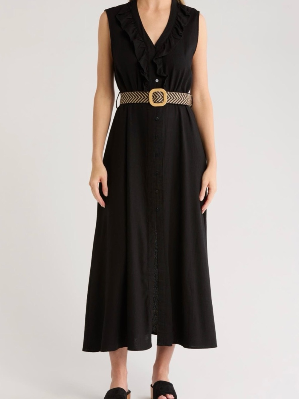 Sleeveless Black Button-Front Maxi Dress with Ruffle V-Neck